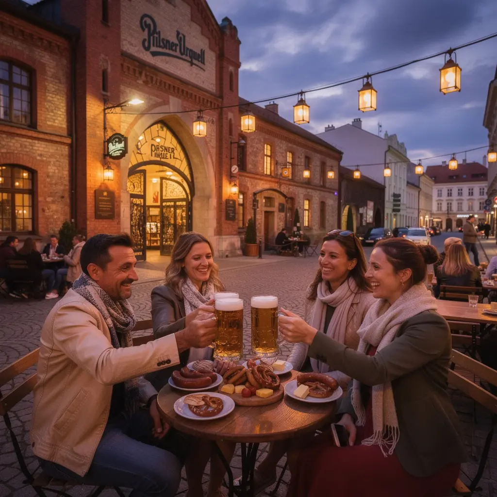 Tradiční česká vesnice s historickými domy a místními obchody.