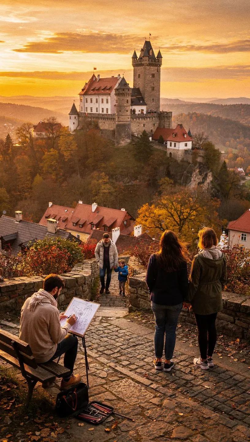 Rodina na výletě v přírodě, obdivující krásy Českého Švýcarska.