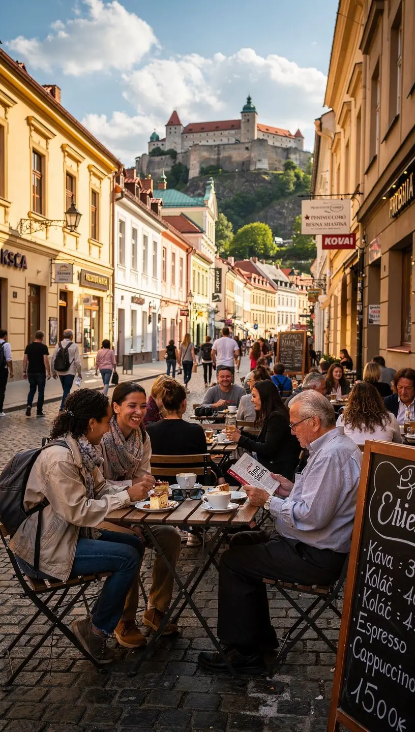 Turisté objevující památky v Praze, včetně Karlova mostu a Pražského hradu.