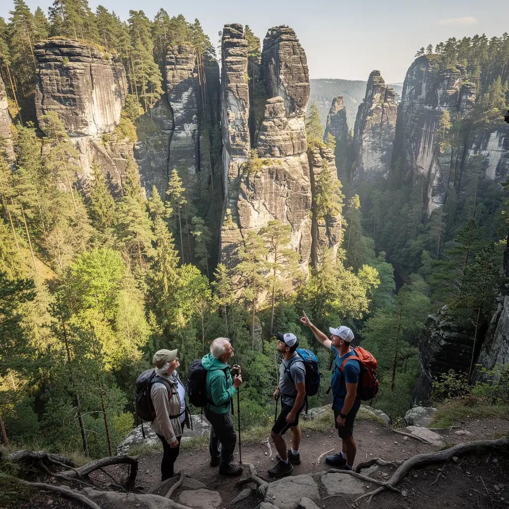 Malebná krajina Českého ráje s turistickými stezkami a skalními útvary.